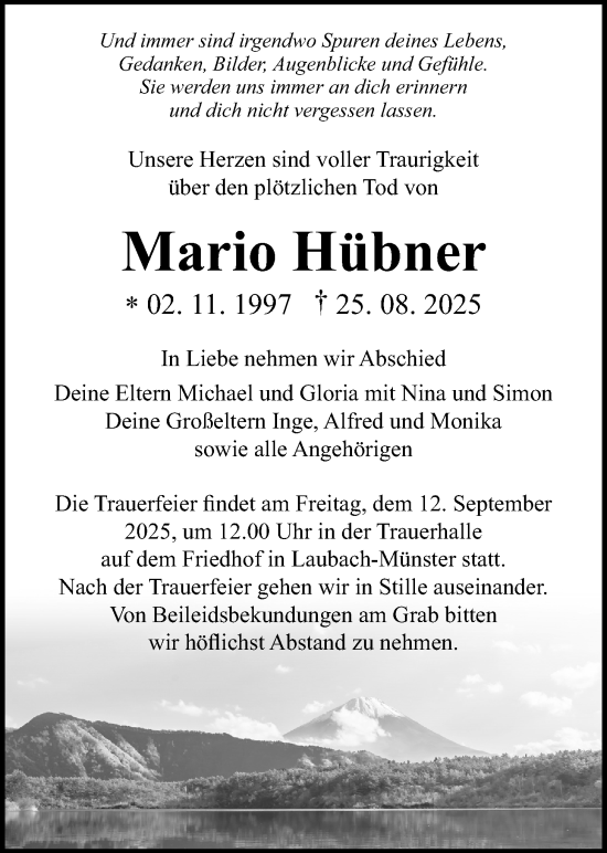 Traueranzeige von Mario Hübner von Giessener Allgemeine, Alsfelder Allgemeine