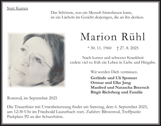 Traueranzeige von Marion Rühl von Oberhessische Zeitung, 