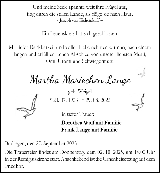 Traueranzeige von Martha Mariechen Lange von Kreis-Anzeiger