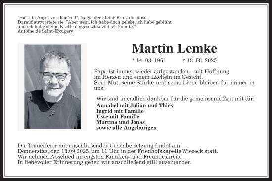 Traueranzeige von Martin Lemke von Giessener Anzeiger