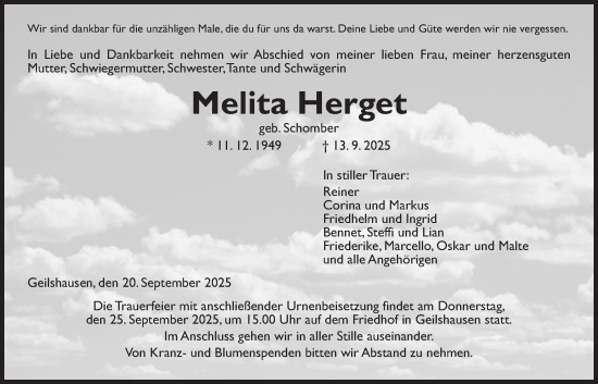 Traueranzeige von Melita Herget von Giessener Allgemeine, Alsfelder Allgemeine