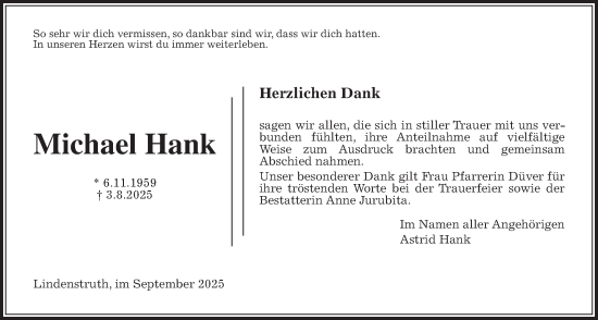 Traueranzeige von Michael Hank von Giessener Allgemeine, Alsfelder Allgemeine