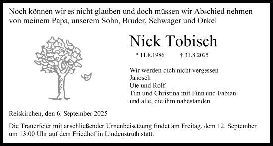 Traueranzeige von Nick Tobisch von Giessener Allgemeine, Alsfelder Allgemeine