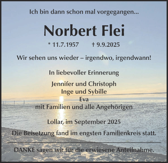 Traueranzeige von Norbert Flei von Giessener Allgemeine, Alsfelder Allgemeine