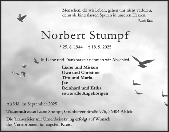 Traueranzeige von Norbert Stumpf von Oberhessische Zeitung