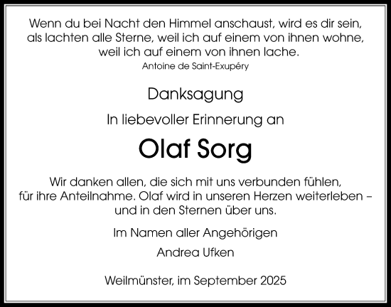 Traueranzeige von Olaf Sorg von Usinger Anzeiger
