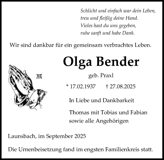 Traueranzeige von Olga Bender von Giessener Allgemeine, Alsfelder Allgemeine