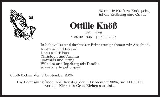 Traueranzeige von Ottilie Knöß von Giessener Allgemeine, Alsfelder Allgemeine
