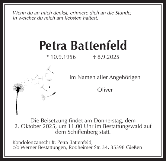 Traueranzeige von Petra Battenfeld von Giessener Allgemeine, Alsfelder Allgemeine