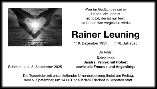Traueranzeige von Rainer Leuning von Kreis-Anzeiger