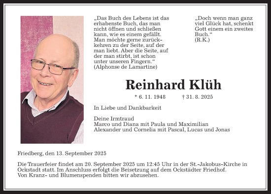 Traueranzeige von Reinhard Klüh von Wetterauer Zeitung