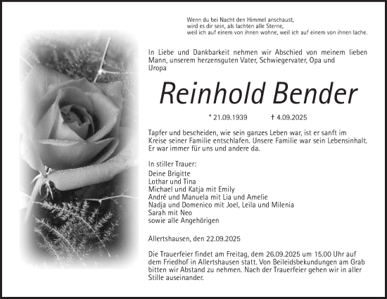 Traueranzeige von Reinhold Bender von Giessener Anzeiger