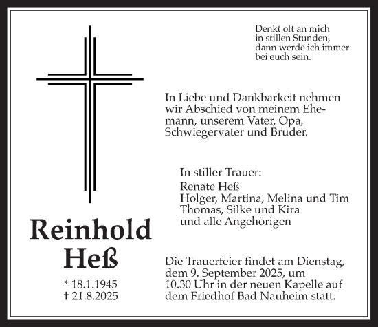 Traueranzeige von Reinhold Heß von Wetterauer Zeitung