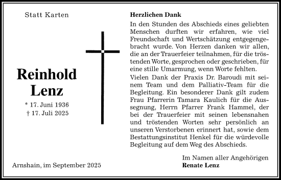 Traueranzeige von Reinhold Lenz von Oberhessische Zeitung