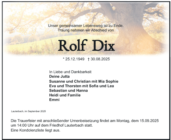Traueranzeige von Rolf Dix von Lauterbacher Anzeiger