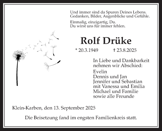 Traueranzeige von Rolf Drüke von Wetterauer Zeitung