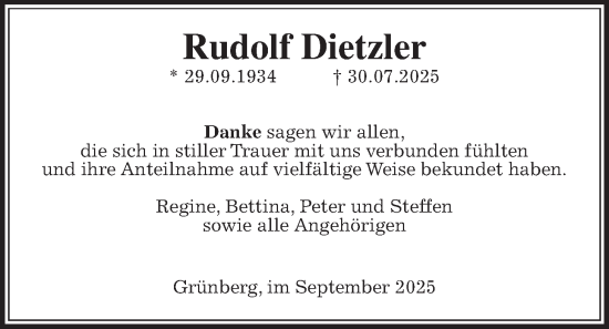 Traueranzeige von Rudolf Dietzler von Giessener Allgemeine, Alsfelder Allgemeine