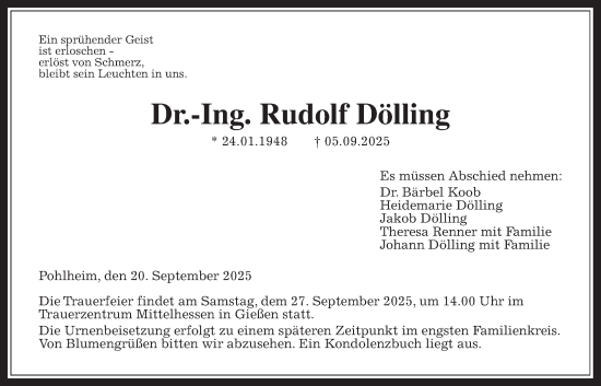 Traueranzeige von Rudolf Dölling von Giessener Anzeiger, Giessener Allgemeine, Alsfelder Allgemeine