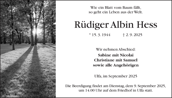 Traueranzeige von Rüdiger Albin Hess von Kreis-Anzeiger