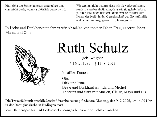 Traueranzeige von Ruth Schulz von Kreis-Anzeiger