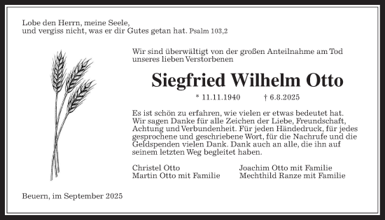 Traueranzeige von Siegfried Wilhelm  Otto von Giessener Anzeiger, Giessener Allgemeine, Alsfelder Allgemeine