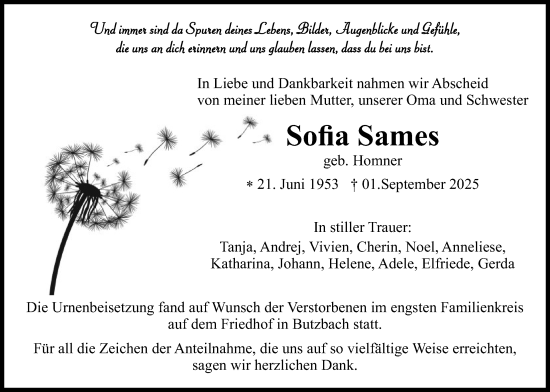 Traueranzeige von Sofia Sames von Butzbacher Zeitung