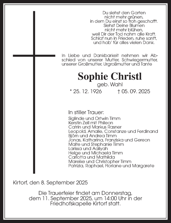 Traueranzeige von Sophie Christl von Oberhessische Zeitung