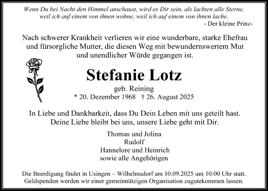 Traueranzeige von Stefanie Lotz von Usinger Anzeiger