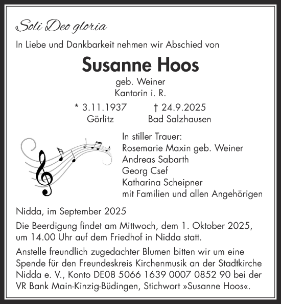 Traueranzeige von Susanne Hoos von Kreis-Anzeiger