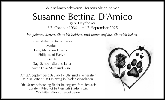 Traueranzeige von Susanne Bettina DAmico von Wetterauer Zeitung