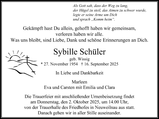 Traueranzeige von Sybille Schüler von Usinger Anzeiger, Usinger Anzeigenblatt
