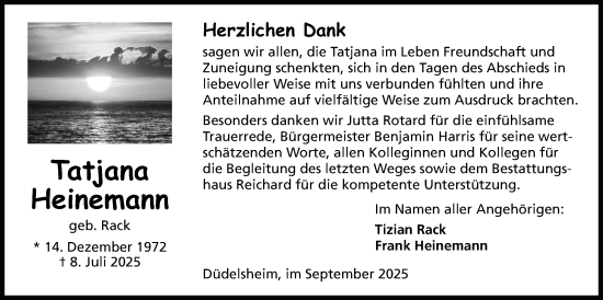 Traueranzeige von Tatjana Heinemann von Kreis-Anzeiger