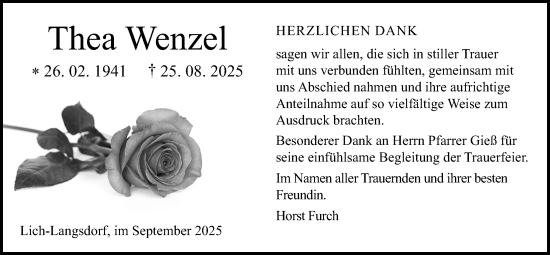 Traueranzeige von Thea Wenzel von Giessener Allgemeine, Alsfelder Allgemeine, Giessener Anzeiger