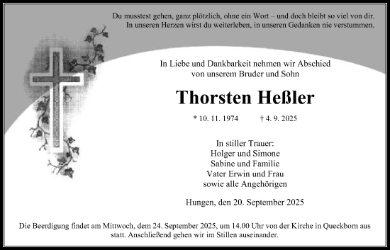 Traueranzeige von Thorsten Heßler von Giessener Allgemeine, Alsfelder Allgemeine