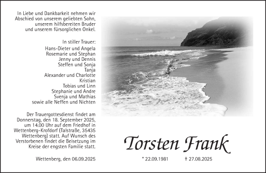 Traueranzeige von Torsten Frank von Wetterauer Zeitung, Giessener Allgemeine, Alsfelder Allgemeine