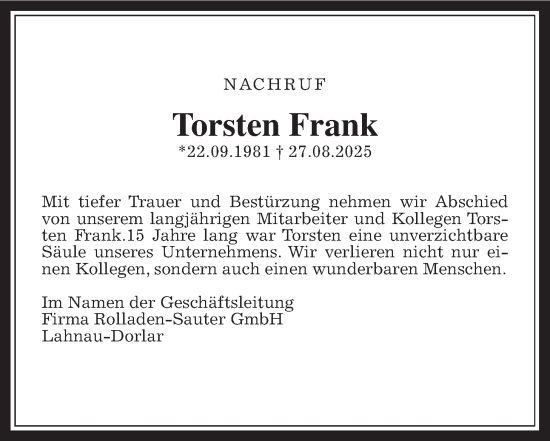 Traueranzeige von Torsten Frank von Wetterauer Zeitung, Giessener Allgemeine, Alsfelder Allgemeine