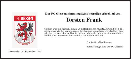 Traueranzeige von Torsten Frank von Giessener Anzeiger