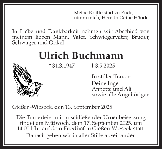 Traueranzeige von Ulrich Buchmann von Giessener Allgemeine, Alsfelder Allgemeine