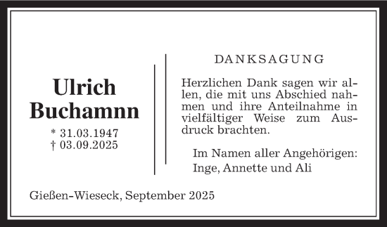 Traueranzeige von Ulrich Buchmann von Giessener Allgemeine, Alsfelder Allgemeine