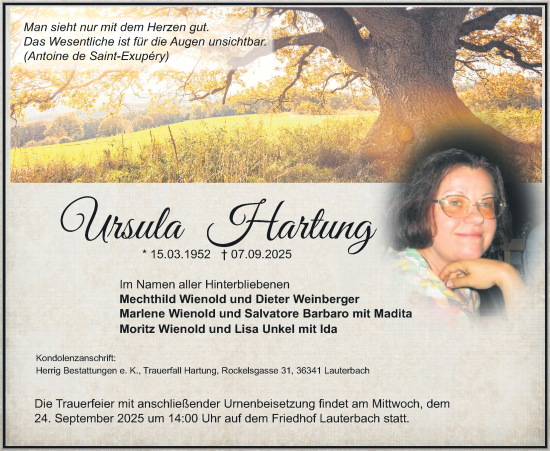Traueranzeige von Ursula Hartung von Lauterbacher Anzeiger