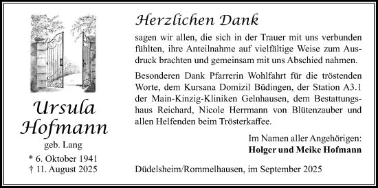 Traueranzeige von Ursula Hofmann von Kreis-Anzeiger