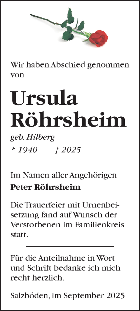 Traueranzeige von Ursula Röhrsheim von Giessener Anzeiger