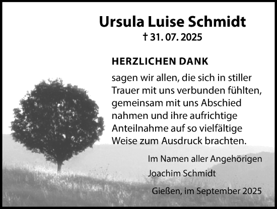 Traueranzeige von Ursula Luise Schmidt von Giessener Allgemeine, Alsfelder Allgemeine