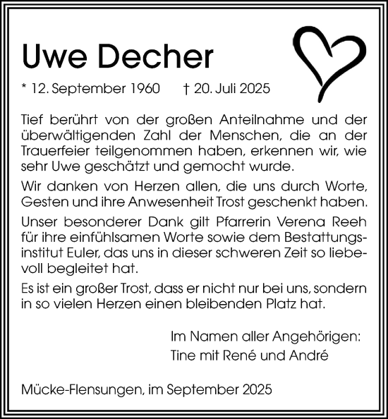 Traueranzeige von Uwe Decher von Mücker Stimme, Giessener Allgemeine, Alsfelder Allgemeine