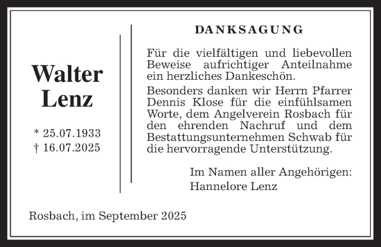 Traueranzeige von Walter Lenz von Wetterauer Zeitung