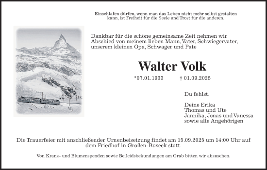 Traueranzeige von Walter Volk von Giessener Anzeiger, Giessener Allgemeine, Alsfelder Allgemeine