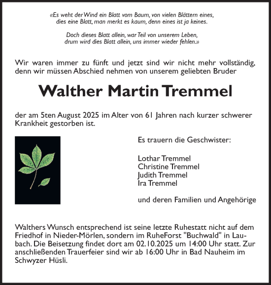 Traueranzeige von Walther Martin Tremmel von Wetterauer Zeitung