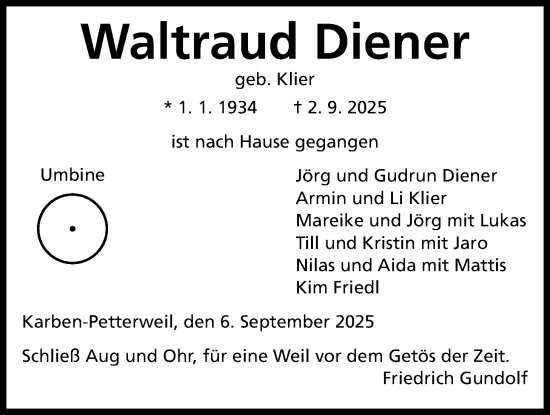 Traueranzeige von Waltraud Diener von Wetterauer Zeitung