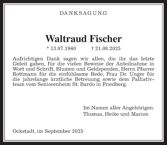 Traueranzeige von Waltraud Fischer von Wetterauer Zeitung