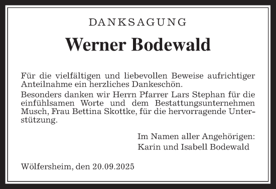 Traueranzeige von Werner Bodewald von Wetterauer Zeitung
